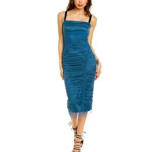 NWT Dolce & Gabbana Blue Tulle Ruched Mesh Bodycon Midi Dress 46 XL